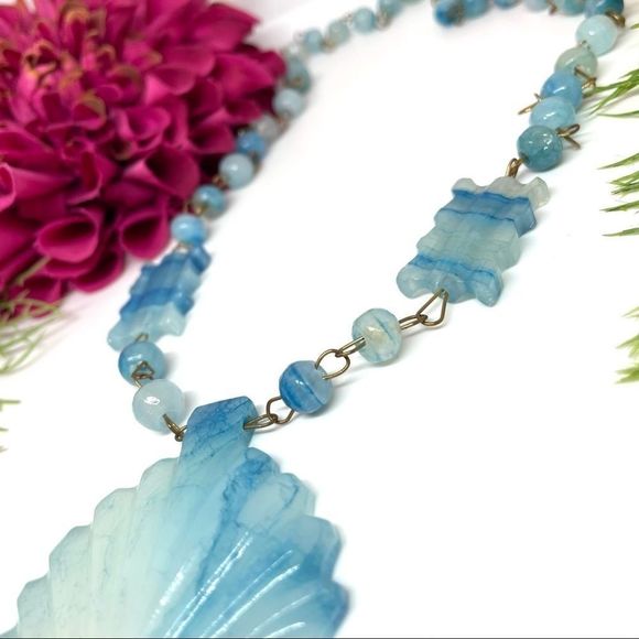 VINTAGE⚜️Genuine Teal Quartz Carved Gem Necklace - Picture 5 of 12